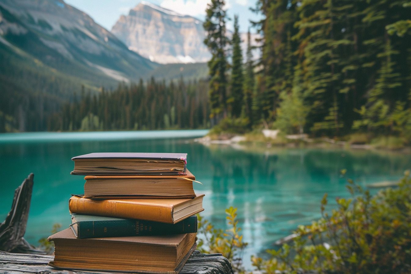 книги на фоне канадского озера