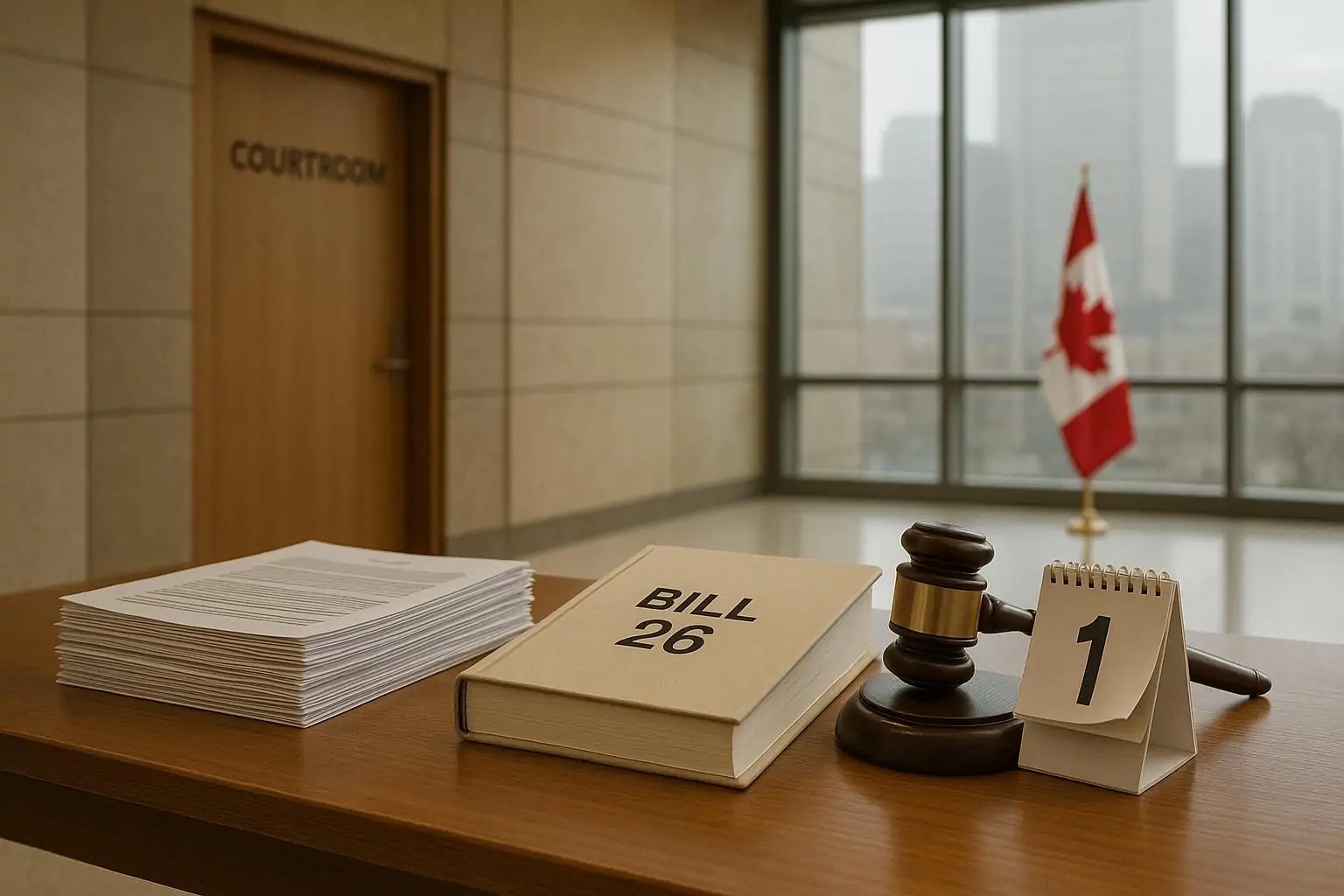 Папка с документами «Bill 26» и молоток судьи на столе в светлом коридоре суда, нейтрально