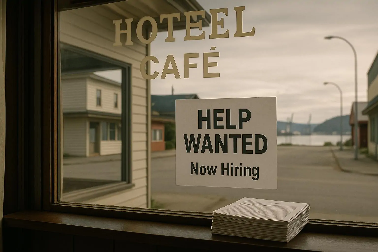 Объявление «Требуются сотрудники» в витрине малого бизнеса на спокойной улице северной Британской Колумбии