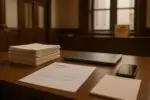 На столе лежат судебные документы и смартфон рядом с ноутбуком, на фоне светлый коридор суда