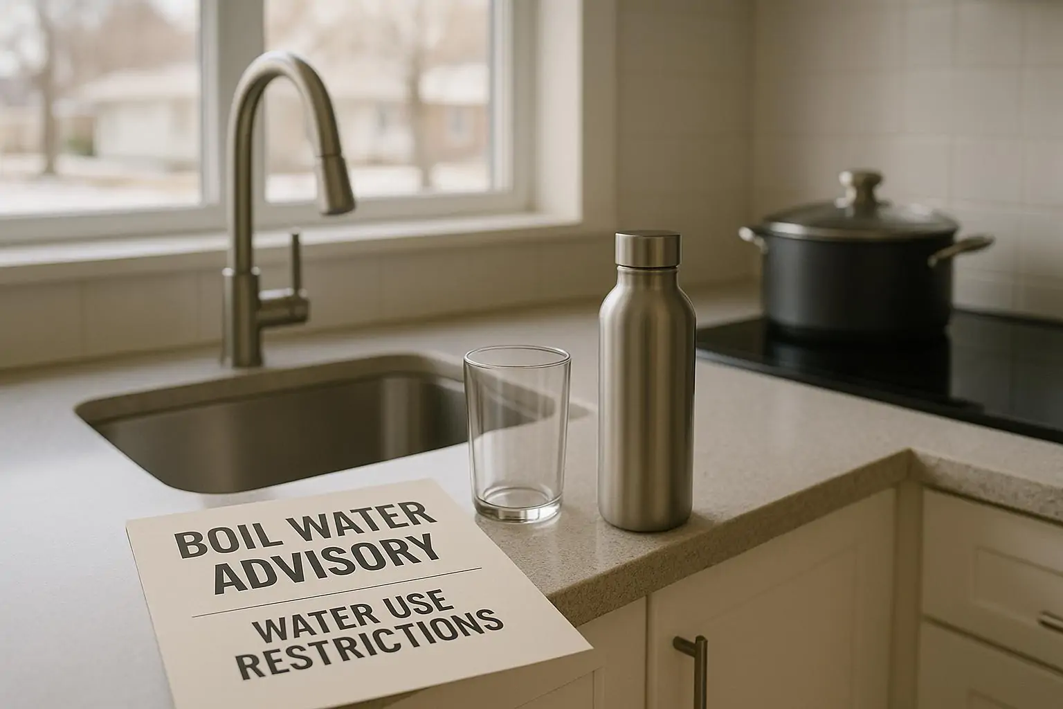 Кухонная раковина с выключенным краном, стакан и памятка о кипячении воды и ограничениях, дневной свет