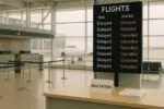 Табло вылетов в канадском аэропорту с пометками «задержан» и «отменён», спокойный терминал днём