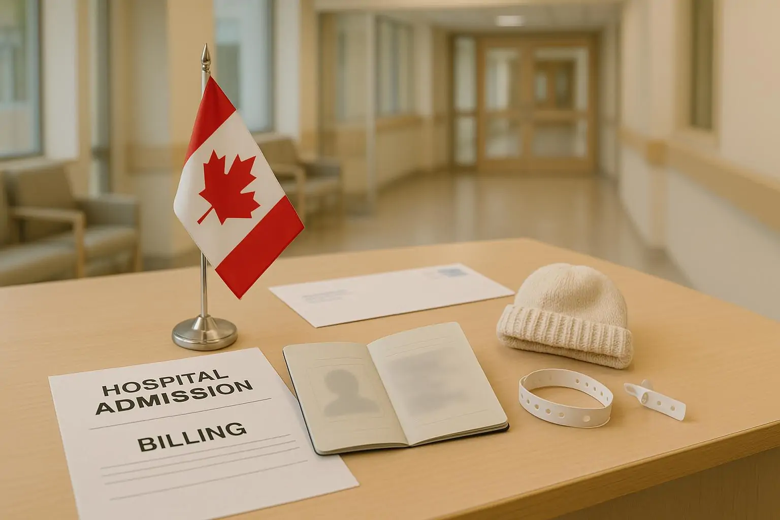 Стол регистратуры в канадской больнице: флаг, формы и нейтральный паспорт рядом с детской шапочкой