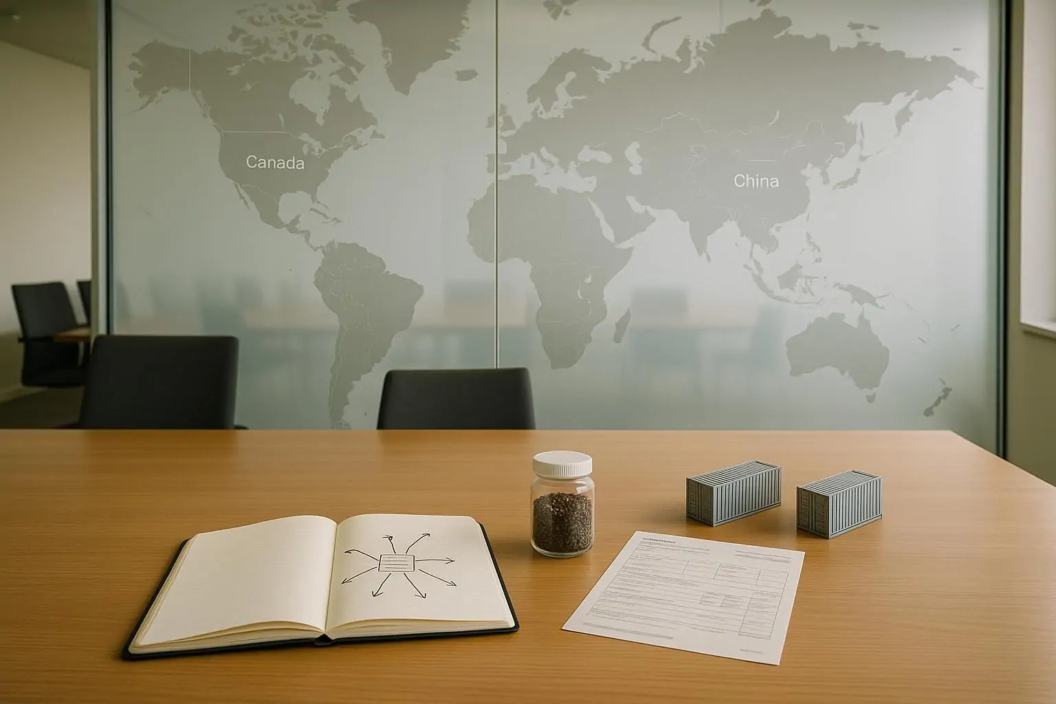 Карта мира и рабочий стол с заметками о диверсификации торговли: Канада и Китай выделены нейтрально