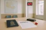 Паспорт Канады, бланк подтверждения гражданства и кленовый лист на столе в светлом офисе услуг