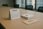 Светлый офис и стол с календарём на январь, конвертом и документами, символизирующими сокращения