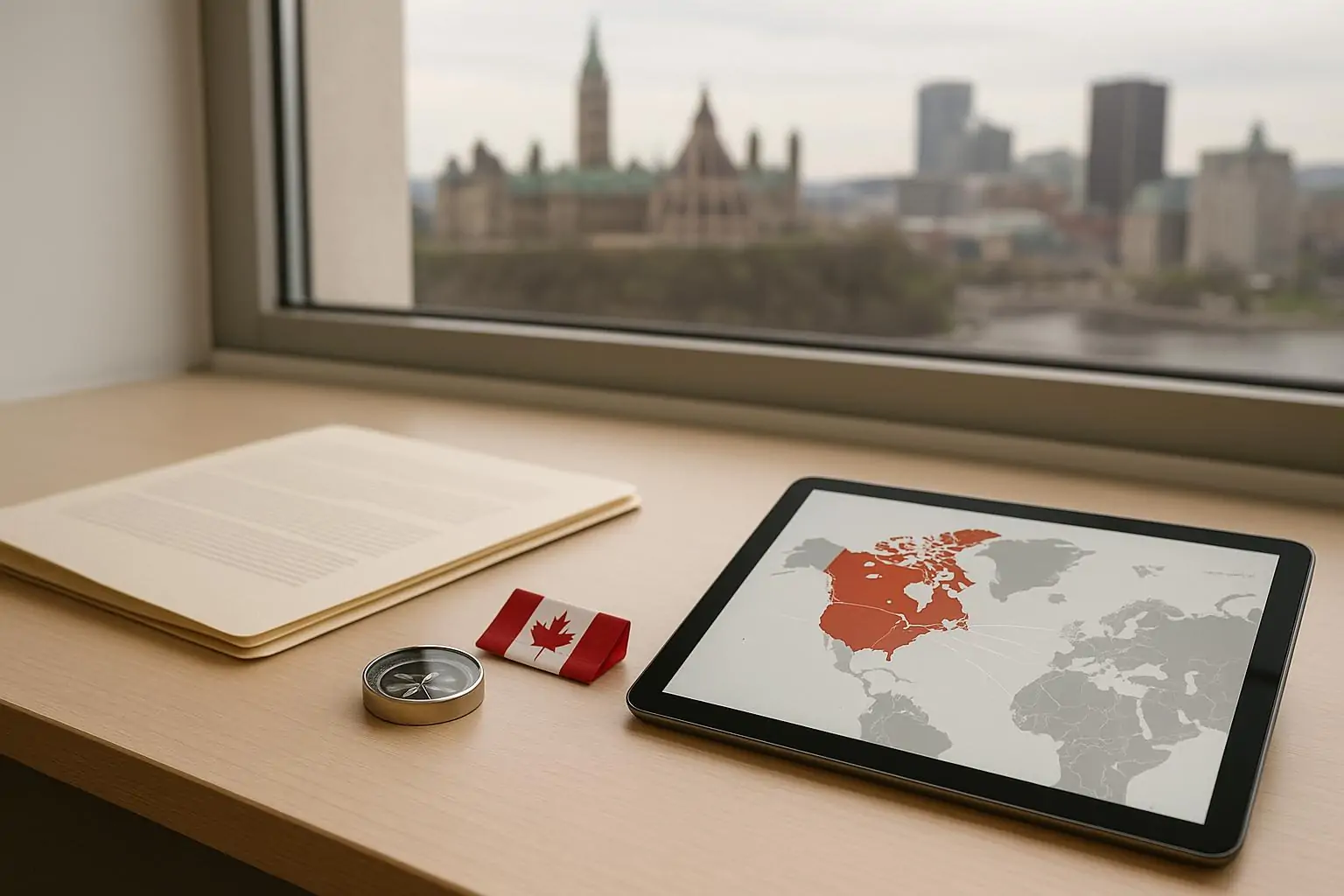 Светлый офисный стол с компасом и папкой документов; символический курс Канады к самостоятельной экономике