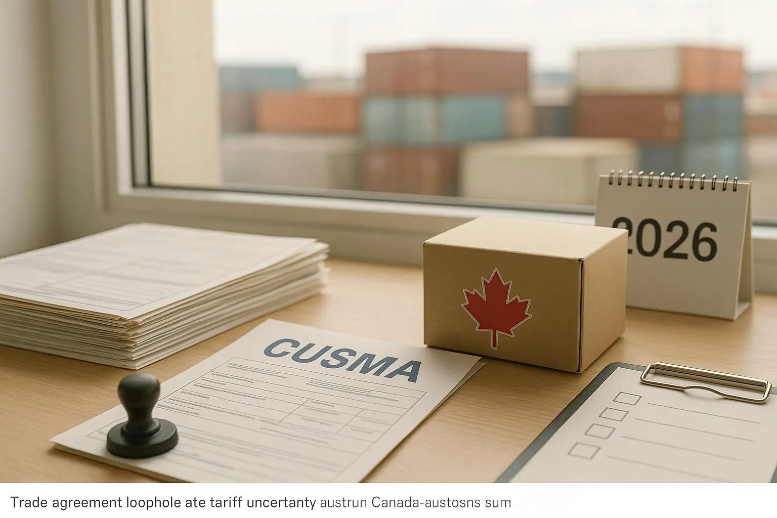 Документы о торговле и коробка с маркировкой CUSMA на столе, на фоне мягко размытый календарь 2026 года