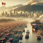 Канадский порт на рассвете: контейнеры с символикой Канады загружаются на грузовые суда, утренний свет и оптимистичная атмосфера.