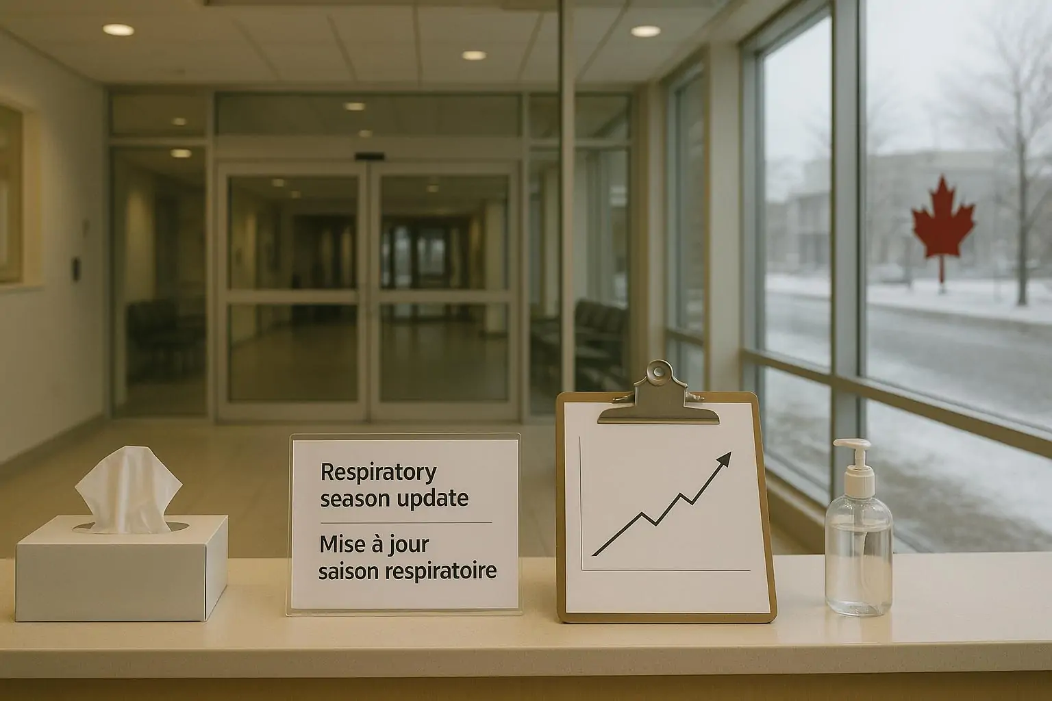 Светлый вестибюль канадской больницы зимой: у стойки санитайзер и заметка о сезоне гриппа с графиком роста