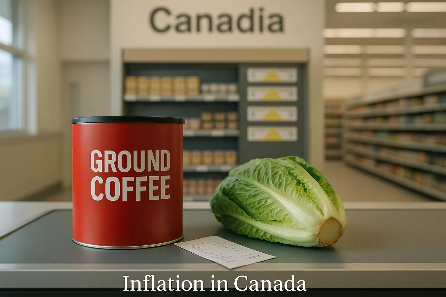 Кофе и салат на кассе в канадском супермаркете рядом с чеком, символ роста цен на продукты