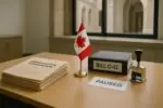 Папки иммиграционных заявок и папка «Bill C-12» на столе в офисе Оттавы, лист «Пауза» рядом