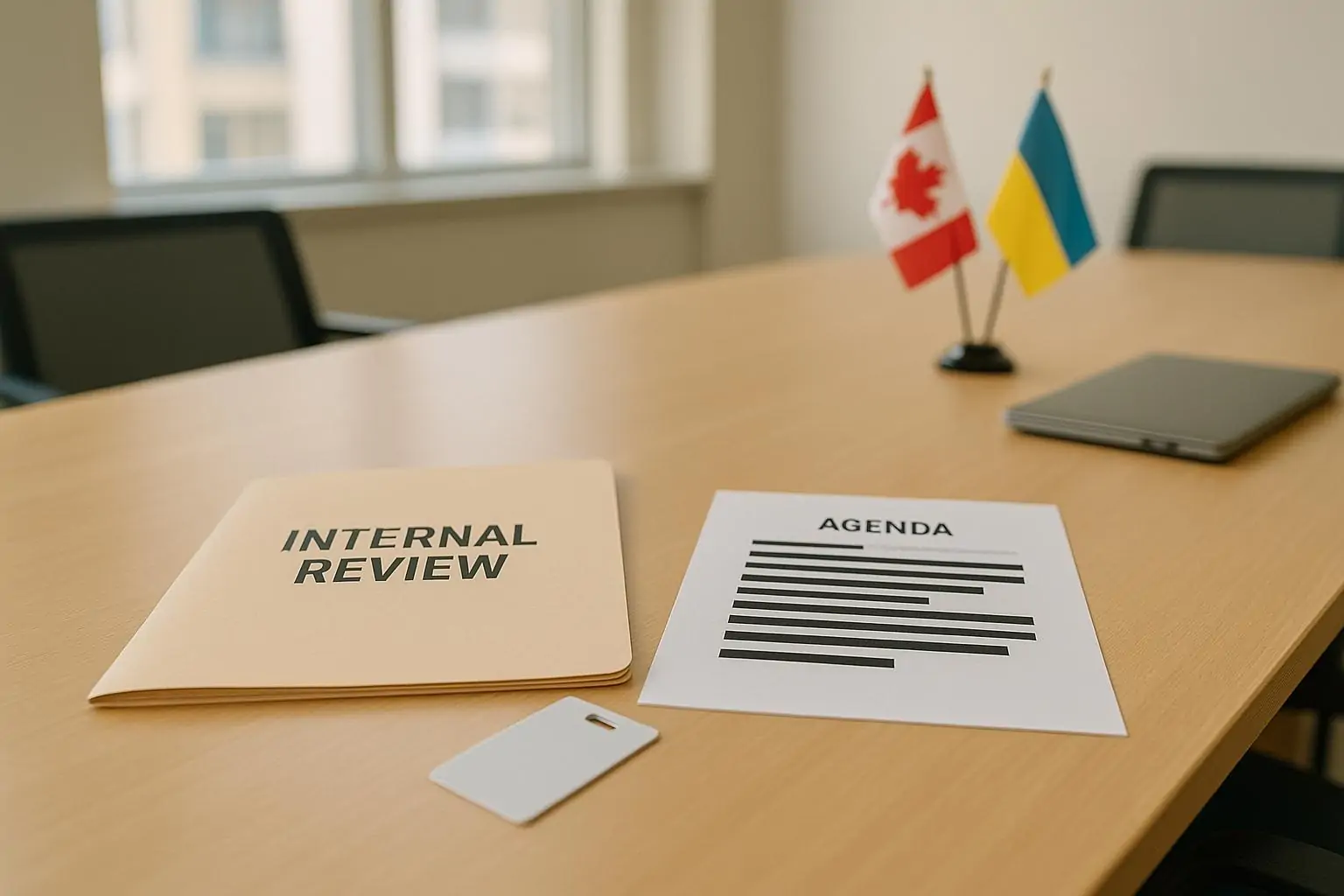 Светлый кабинет и папка «Internal Review» на столе, символизирующие проверку связей разведчика Канады