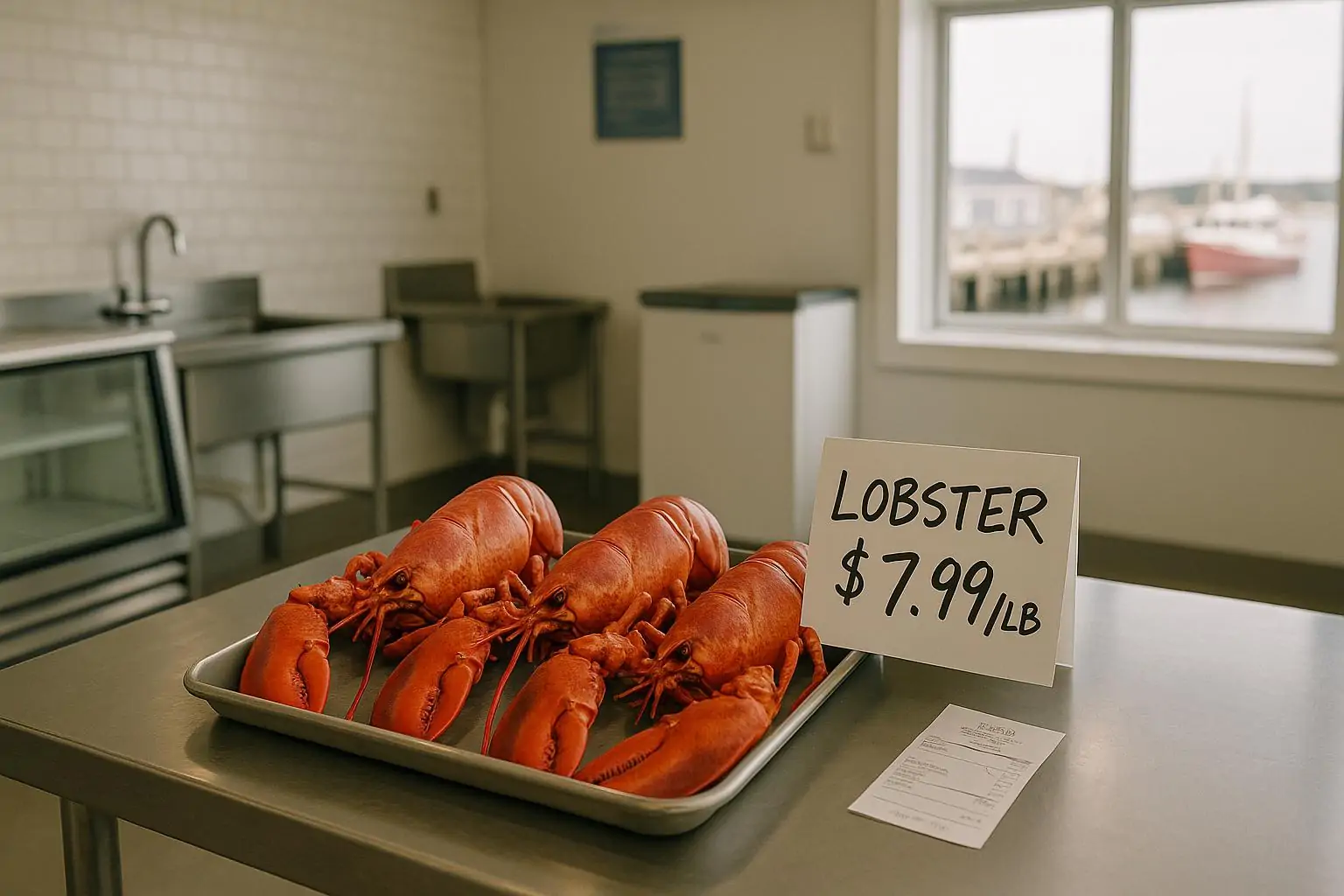 Лобстеры на прилавке в небольшом рыбном магазине Новой Шотландии с ценником со скидкой