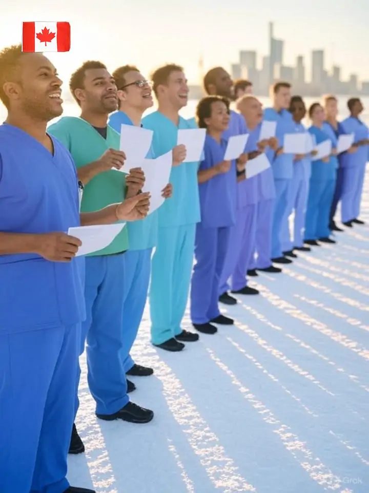 Группа разнообразных медицинских специалистов в униформе держит приглашения, стоя в заснеженном канадском пейзаже с флагом кленового листа на фоне skyline Торонто, возбужденные лица, золотистое освещение заката, широкий ракурс снизу.