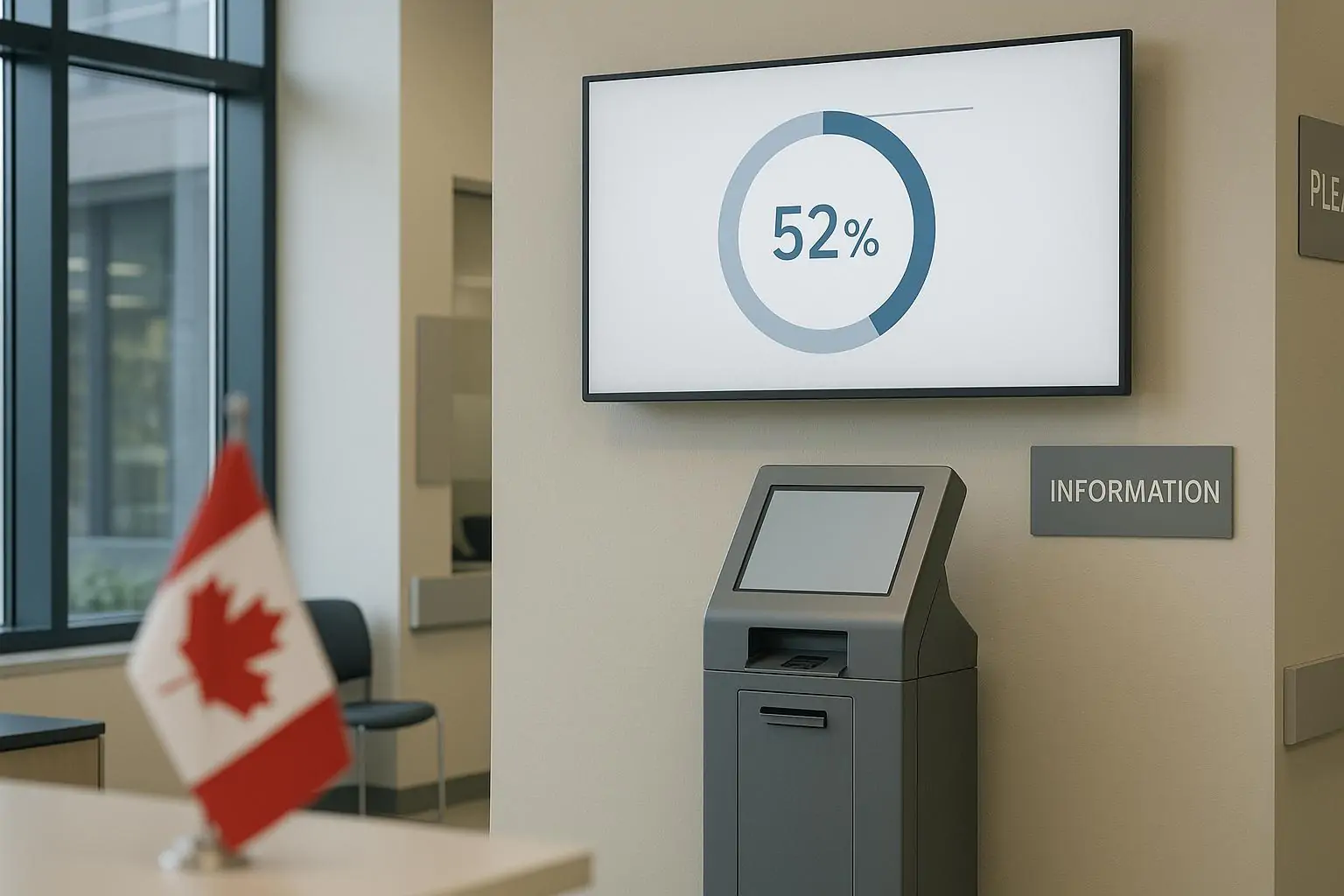 Современный зал госуслуг в Канаде: экран с нейтральным индикатором 52% и цели выше, без людей