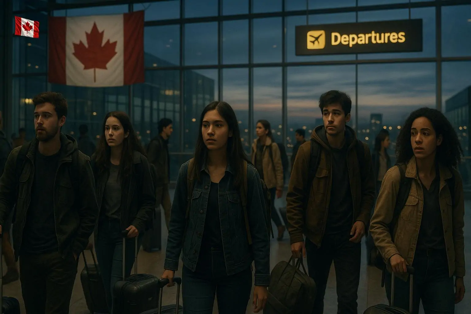 Молодые люди с чемоданами в современном канадском аэропорту на фоне заката, выражающие грусть перед отъездом.