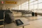 Современный светлый зал аэропорта с канадским паспортом и чемоданом на скамейке, символизирующий отток населения.