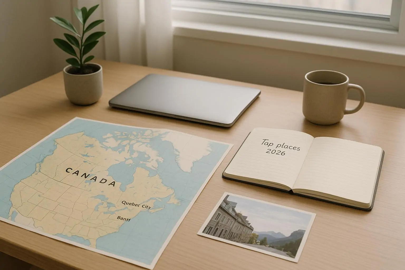 Карта Канады и блокнот с заметкой о топ-направлениях 2026, рядом открытки с Квебеком и Банфом