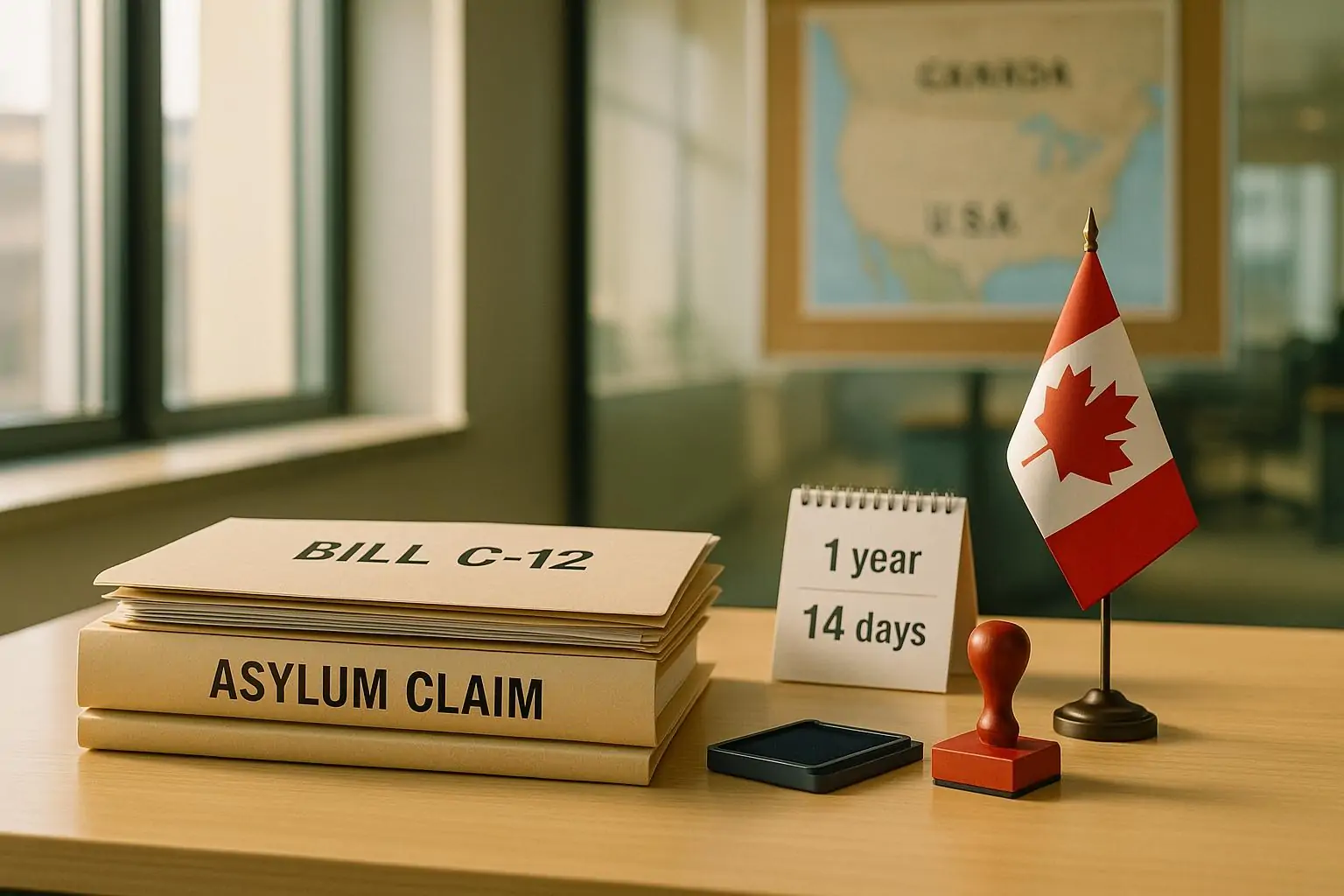 Папки с документами «Bill C-12» и заявлением об убежище на столе в офисе при мягком дневном свете