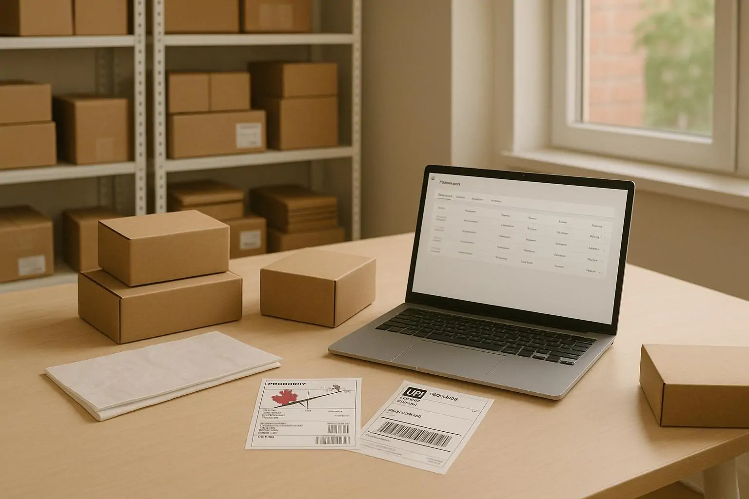 Упаковочный стол в Канаде: посылки и ярлыки, один с зачёркнутой почтовой меткой, символ смены доставки