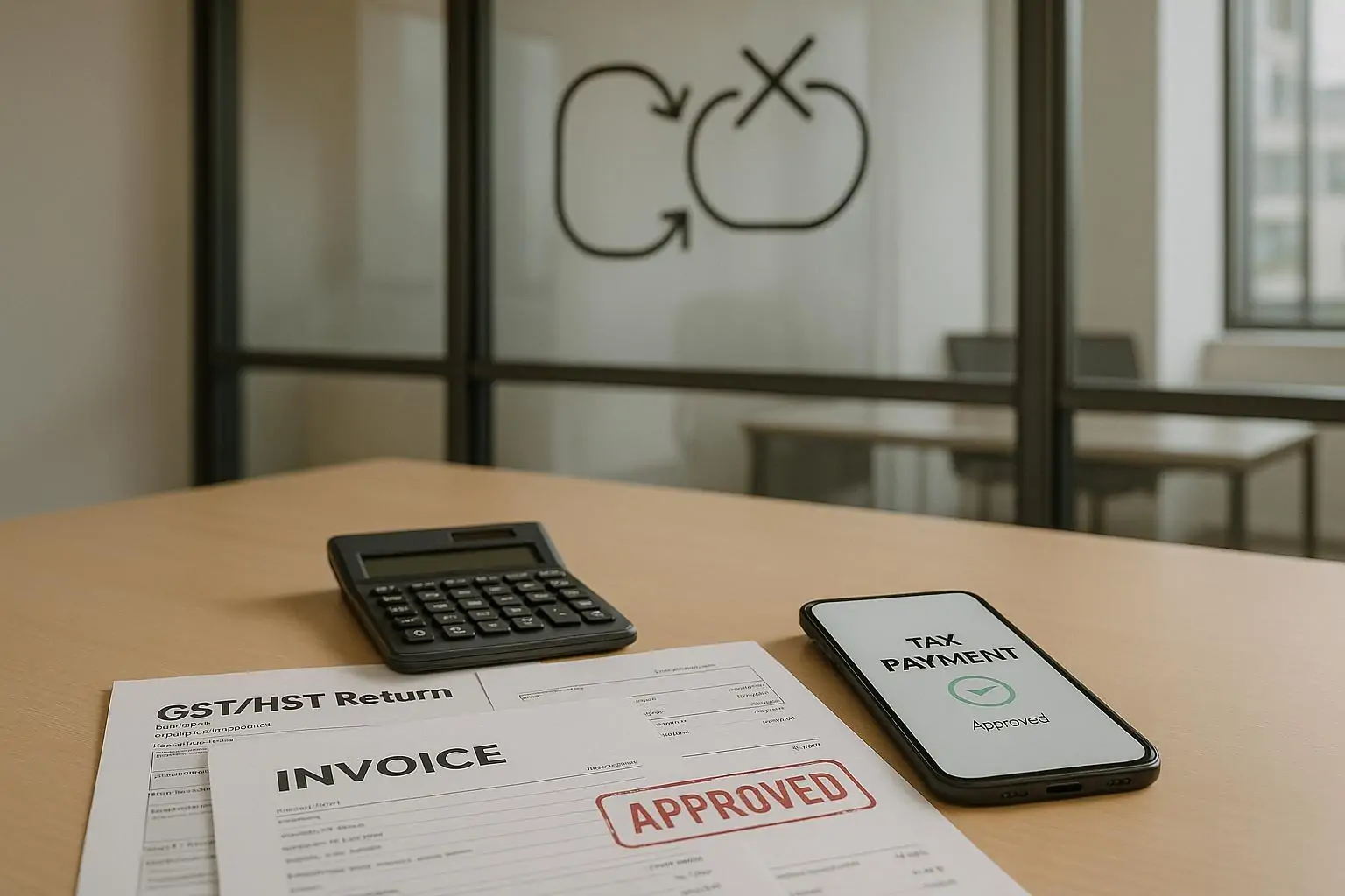 Документы GST/HST и калькулятор на офисном столе, на схеме в фоне зачёркнут замкнутый цикл