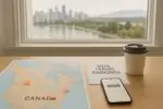 Карта Канады и заметки с планом поездки на 2026 год на столе у окна, на фоне мягкий городской пейзаж и горы.