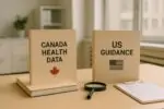 На столе в светлом офисе две папки «Canada Health Data» и «US Guidance», символ проверки доверия.