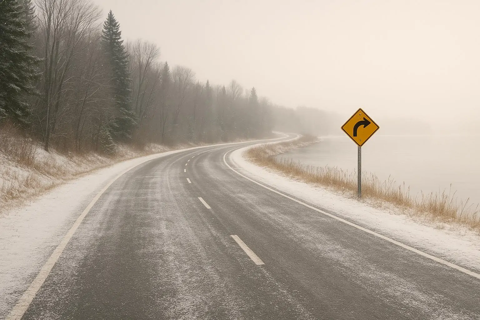Зимняя дорога в Онтарио у озера: лёгкий снег, предупреждающий знак и ровный дневной свет