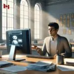 Озадаченный человек перед монитором с чат-ботом в офисе, отчеты о налогах, атмосфера растерянности и разочарования.