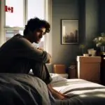 Канадский молодой человек задумчиво сидит на кровати в родительской комнате, вокруг коробки и семейное фото, утро, мягкий дневной свет.