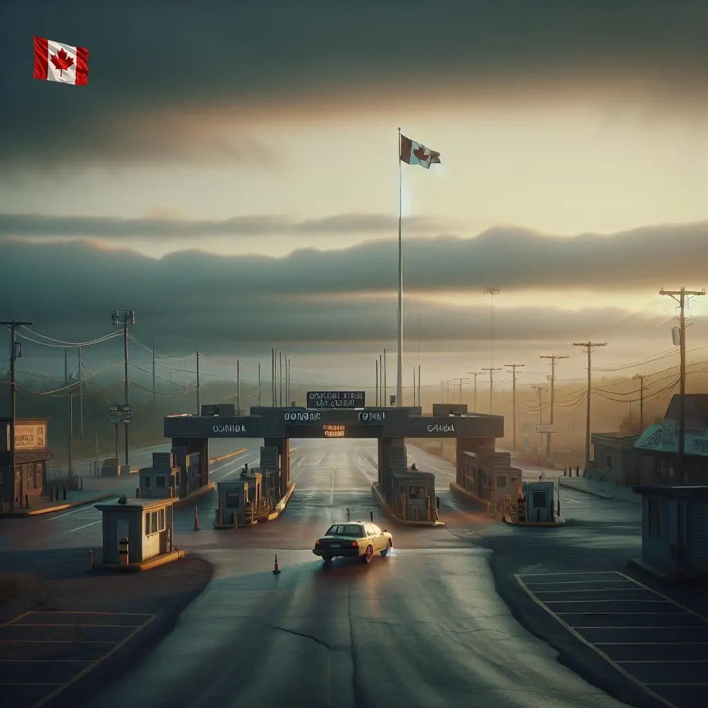 Пустынный контрольно-пропускной пункт на границе США и Канады, закрытые магазины, одинокий автомобиль и атмосферное утреннее освещение.