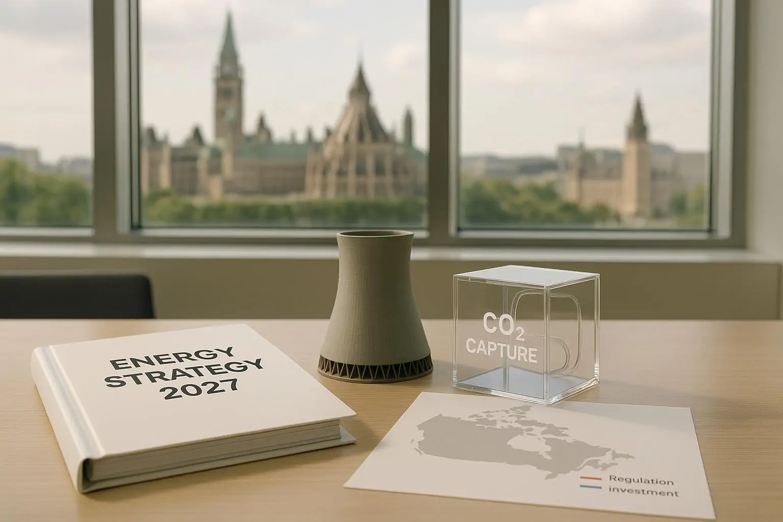 Стол с документами по энергостратегии Канады, макетом АЭС и символом улавливания CO2 при дневном свете