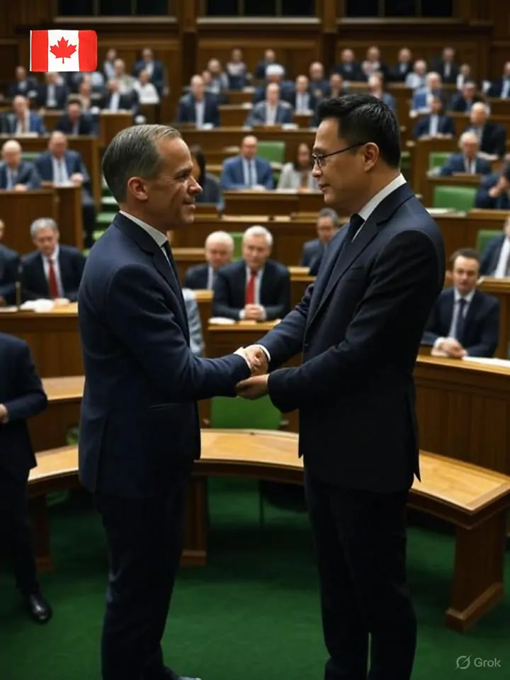 Азиатско-канадский депутат Майкл Ма переходит из консерваторов к либералам в парламенте Канады, пожимает руку премьер-министру Марку Карни, драматическое освещение, атмосфера единства и политических перемен.