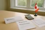 Конверт CRA и документы о пересмотре COVID-выплат рядом с калькулятором на светлом столе.