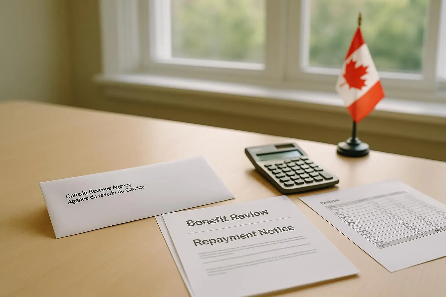Конверт CRA и документы о пересмотре COVID-выплат рядом с калькулятором на светлом столе.