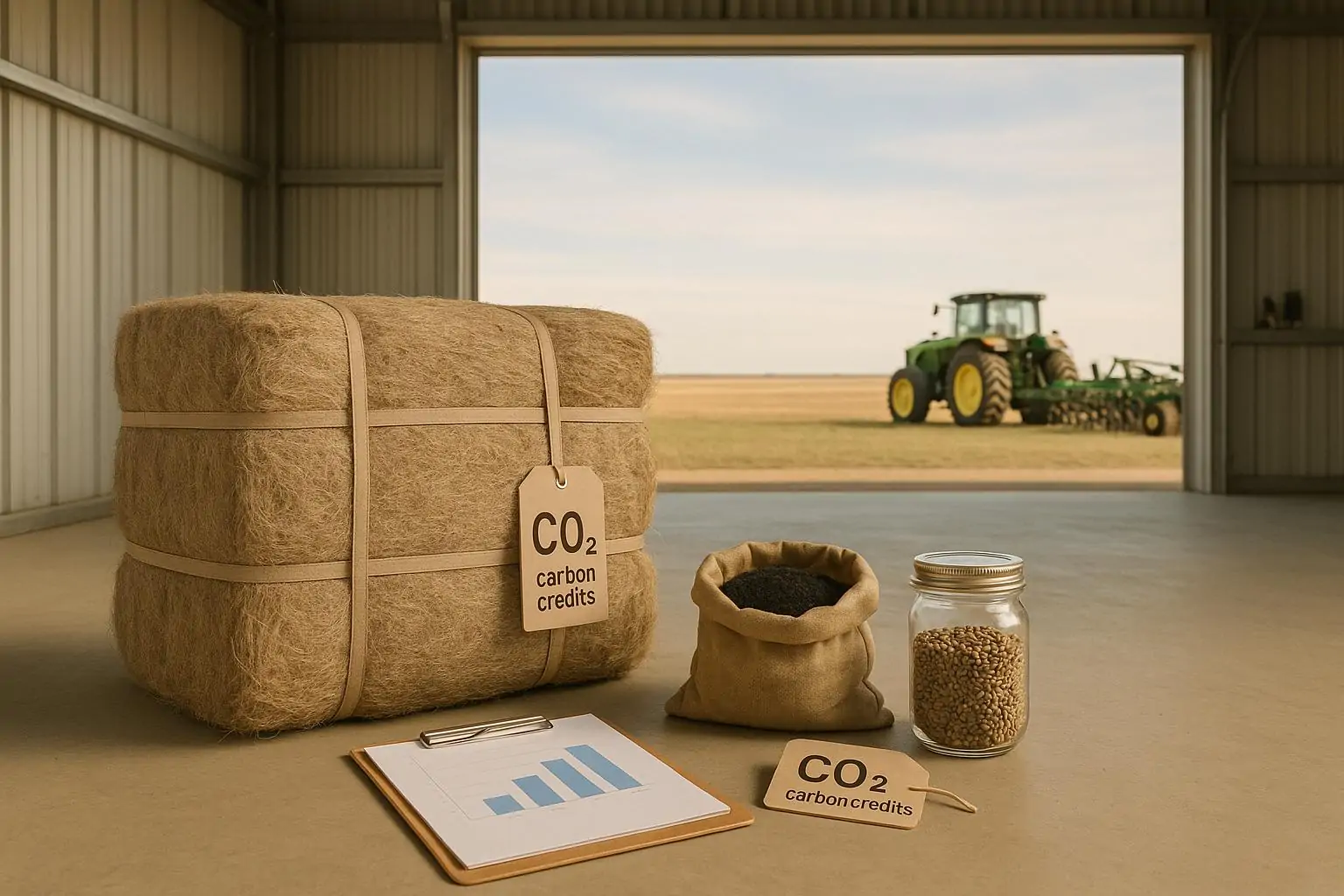 Тюк промышленной конопли, банка семян и мешок биоугля в светлом ангаре на фоне полей Альберты