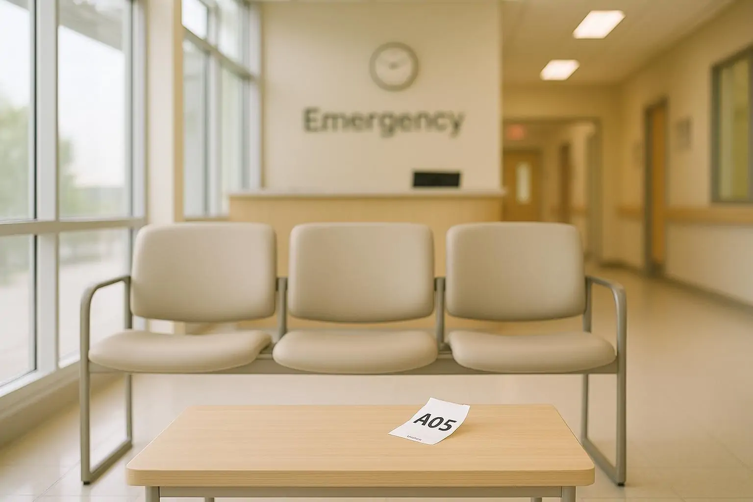Пустая зона ожидания отделения неотложной помощи: ряд кресел, талон очереди и часы на стене