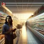Посетитель супермаркета в Канаде рассматривает продукты на полках, держа кошелёк, символ изменений на рынке.
