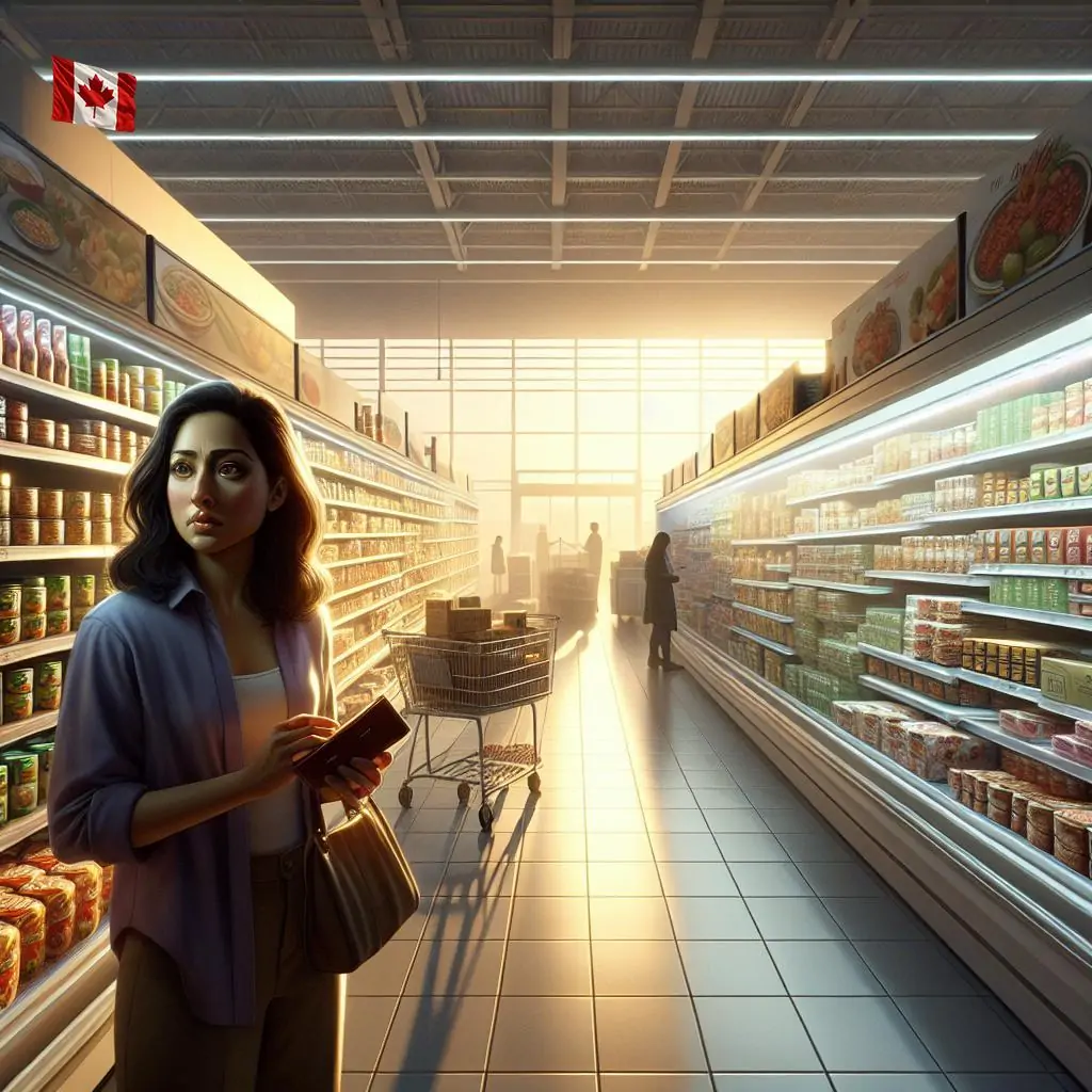 Посетитель супермаркета в Канаде рассматривает продукты на полках, держа кошелёк, символ изменений на рынке.