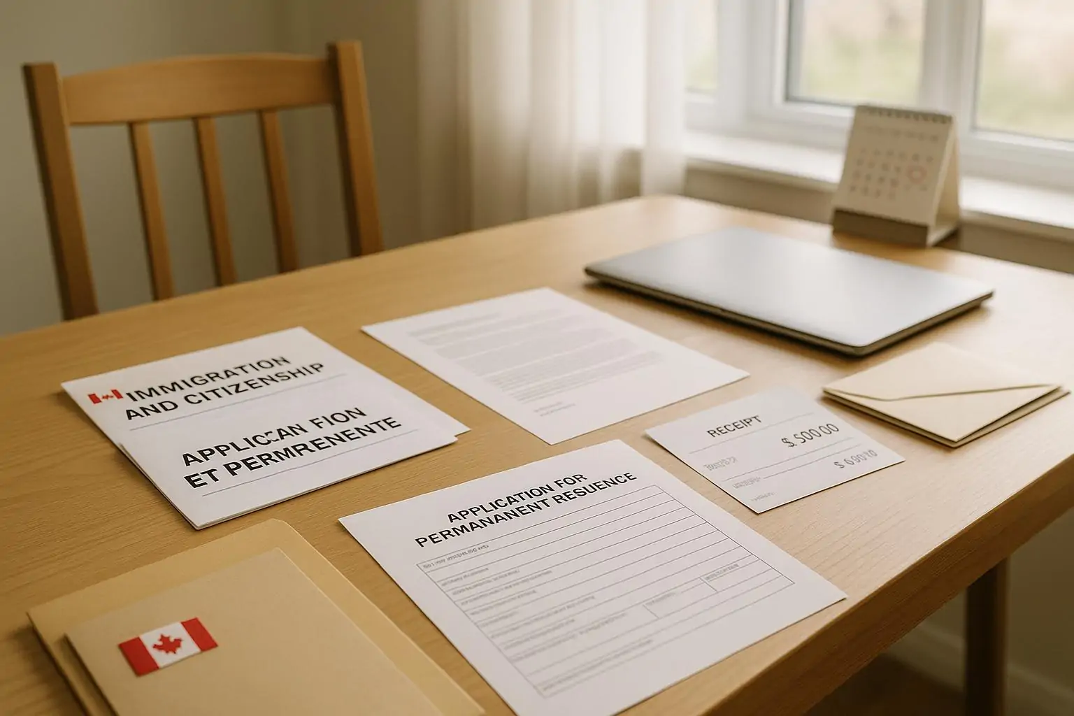 Документы по иммиграции и квитанция на 3000 долларов на столе у окна, символ риска депортации в Оттаве