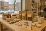 Витрина магазина в Оттаве с местными товарами и заметкой «Made locally» рядом с кленовым листом