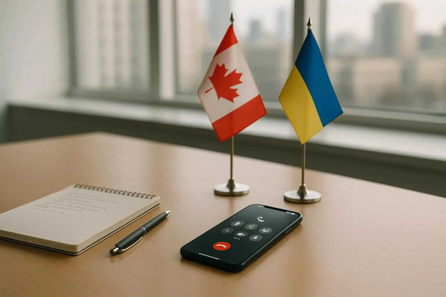 Смартфон на столе рядом с маленькими флагами Канады и Украины в светлом офисе, символ переговоров