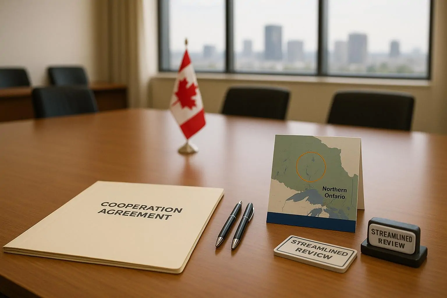 Папка с межправсоглашением и карта Севера Онтарио на столе в светлом кабинете, символ ускорения проектов