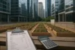 Временный общественный сад на пустыре среди офисных башен, рядом бумаги по налогу и калькулятор