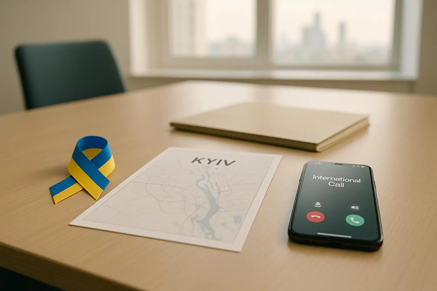 Стол переговоров с папкой, картой с отметкой «Kyiv» и лентой в цветах флага Украины при дневном свете