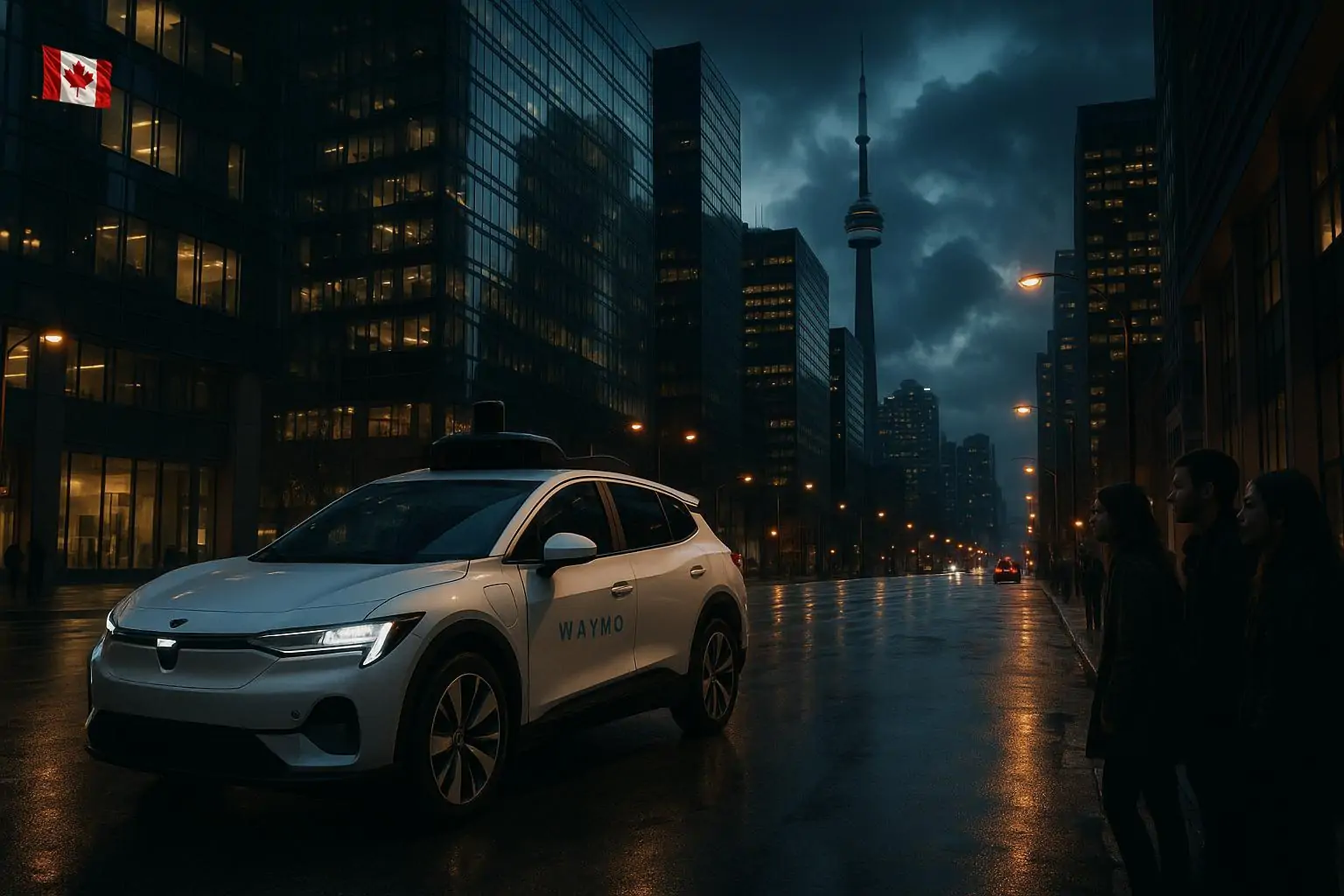 Автономное такси Waymo едет по центру Торонто вечером рядом с небоскребами и башней Си-Эн в отражениях огней города.
