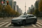 Современный беспилотный автомобиль на фоне улицы Торонто днём, рядом с пешеходным переходом и силуэтом СN Tower.