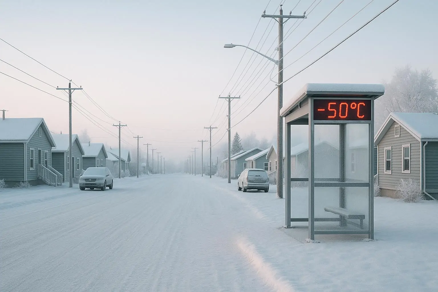 Тихая улица в Юконе зимой: иней на домах и деревьях, у остановки табло термометра −50°C.