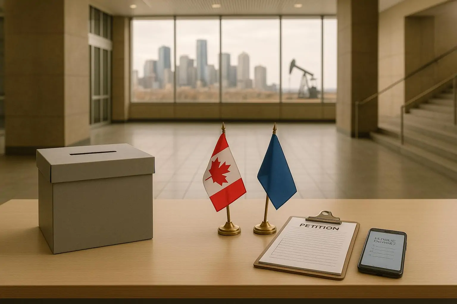 Тихий современный холл в Альберте: на столе урна для голосования, петиции и флаги, мягкий дневной свет.